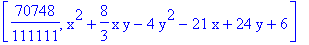 [70748/111111, x^2+8/3*x*y-4*y^2-21*x+24*y+6]